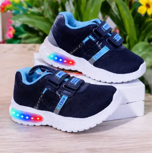 Kids LED Light Sports Shoes – Sky Blue Synthetic Sneakers with Velcro Strap for Boys & Girls