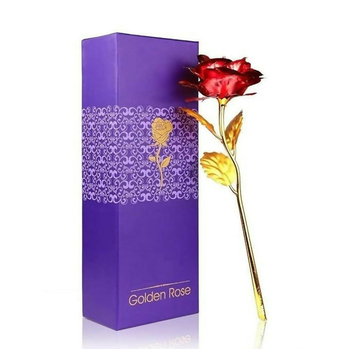 Beautiful 24K artificial golden rose with red petals displayed in elegant gift box Main image