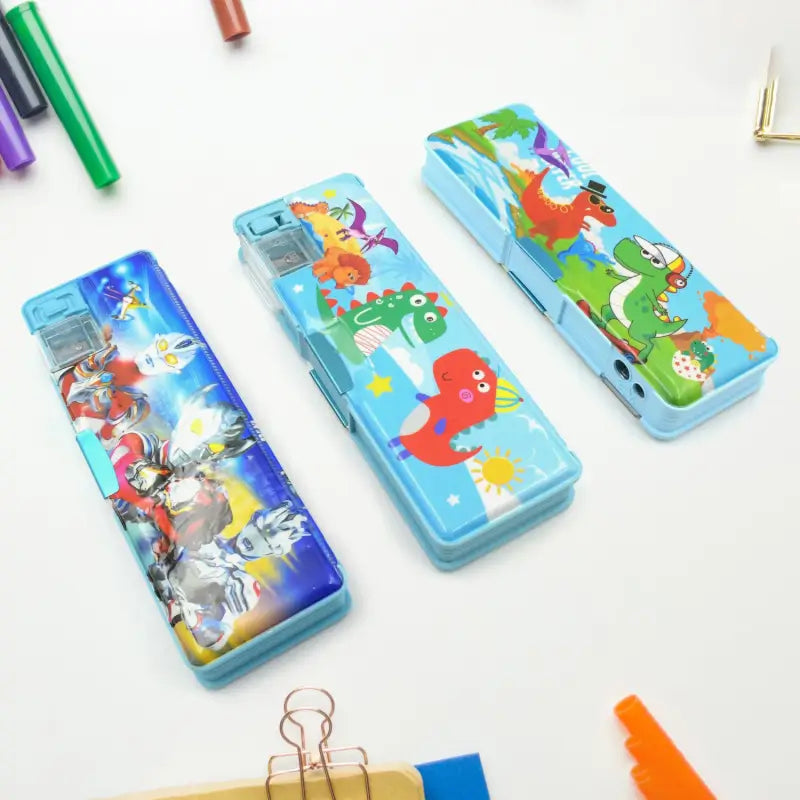 Multipurpose Compass Box, Plastic Double Deck Pencil Case with 2 Compartments, Supplies Utility Box Storage Organizer, Pencil Box for School, Cartoon Printed Pencil Case for Kids, Birthday Gi Main image