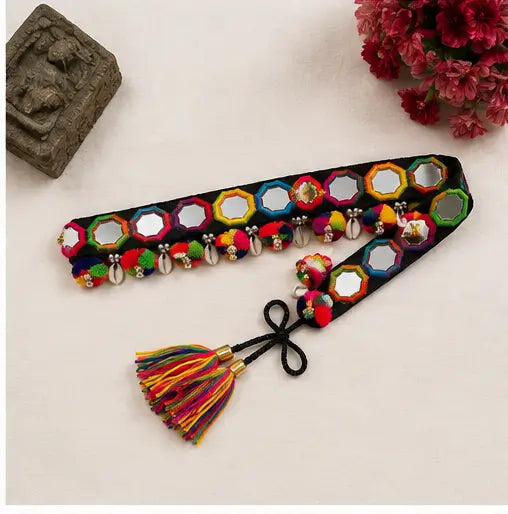 Navratri Designer Mirror Work Kamarband – Handmade Multicolor Embroidered Waist Belt with Pom-Poms & Tassels