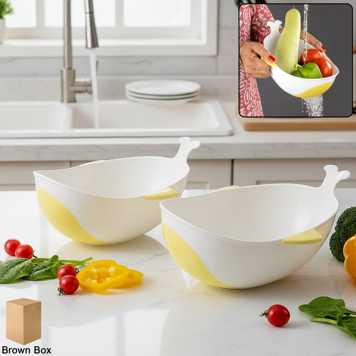 Plastic rice washing bowl and strainer with integrated colander Main image
