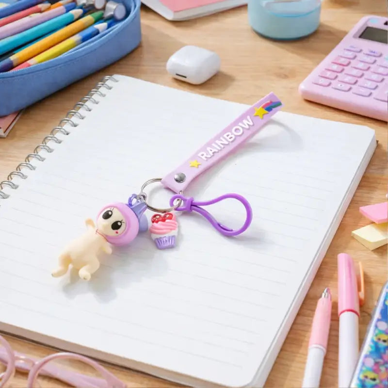 Doll Cupcake Keychain with Rainbow Strap – Cute Cartoon Keyring for Bags, Backpacks & Gifts