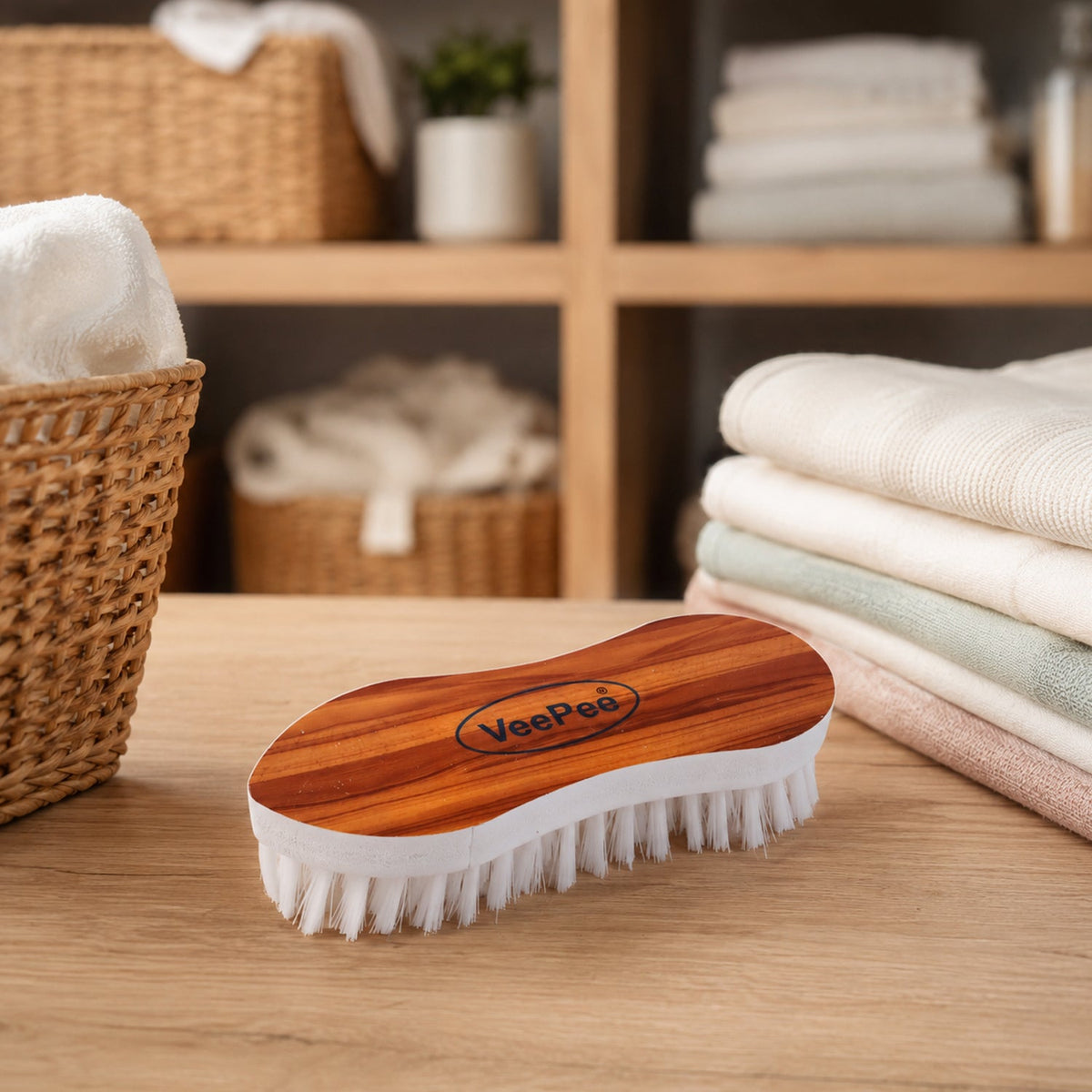 VeePee ergonomic cloth washing brush with curved grip and nylon bristles Main image