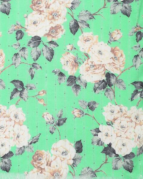 Women Green & Cream-Coloured Sequins Floral Printed Scarf Secondary image