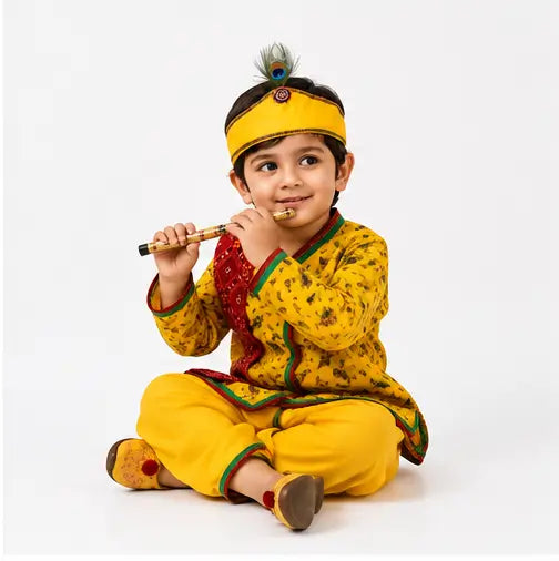 Traditional Krishna Dress for Kids with Printed Kurta, Dhoti Pants, Peacock Feather Headband & Flute, 7-9 Years, 1 Set