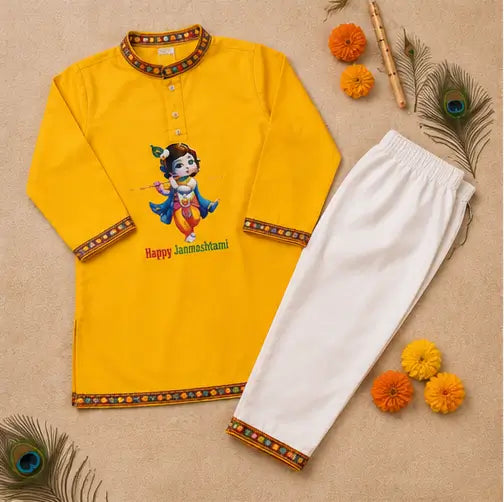 Boys Yellow Little Krishna Printed Cotton Blend Kurta & Lace Work Pyjama Set, 3 Months to 4 Years, 1 Set