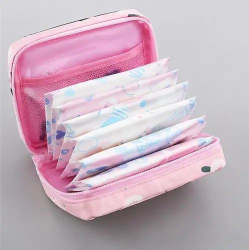 Small Multipurpose Pouch for Women & Girls – Printed Zipper Organizer Bag for Sanitary Pads, Makeup, Cables & Accessories