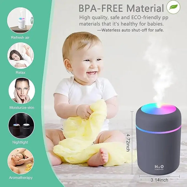 H2O 300ml Ultrasonic Humidifier – Portable Mist Maker with Colorful LED Light for House