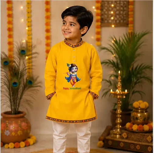 Boys Yellow Little Krishna Printed Cotton Blend Kurta & Lace Work Pyjama Set, 3 Months to 4 Years, 1 Set