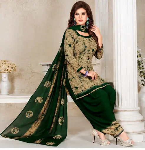 Women's French Crepe Printed Designer Suit Dress Material with Nazneen Dupatta – Unstitched 3-Piece Set